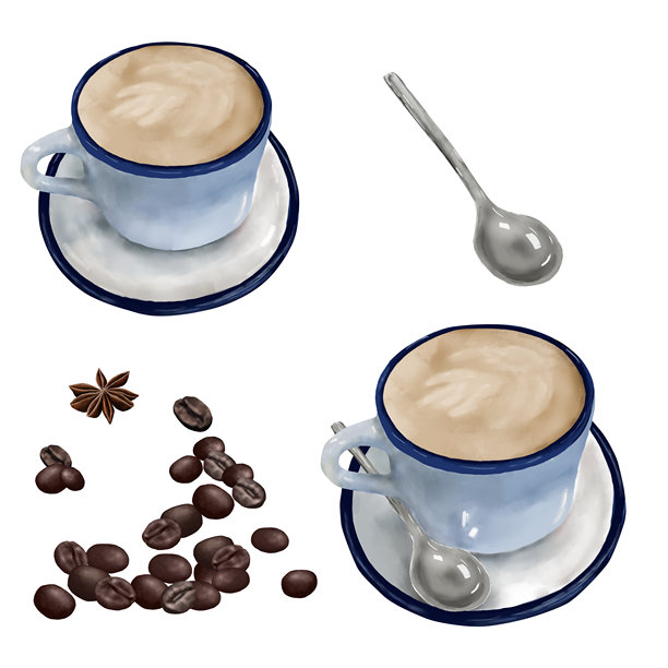 带有奶油泡沫和拉花的陶瓷杯。数字水彩插图。一组咖啡豆和一个放在碟子上的热可可杯，背景为单色。一个闪亮的勺子和冷咖啡。图片下载
