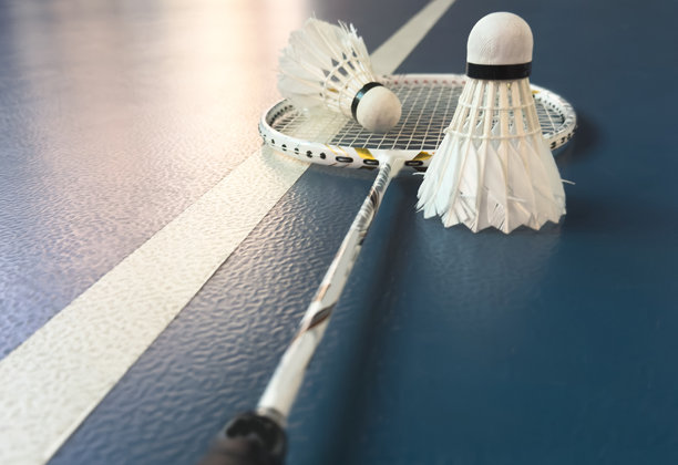 一套羽毛球。球拍和羽毛球。图片下载