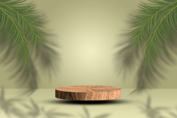 三个化妆品展示台的模型。化妆品展示的背景。中性绿色背景上的简约现代产品展示。木片展示台和绿色叶子。概念场景。图片下载