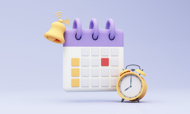 日历概念3D渲染插图。图标组成与日历计划日期和约会，闹钟，待办事项列表与任务，提醒和消息。活动日，假期计划。图片下载
