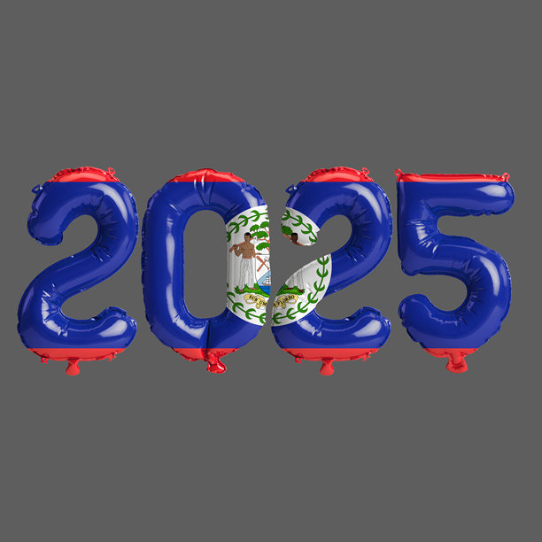 伯利兹国旗颜色的2025年新年气球3D插图，孤立在灰色背景上图片下载