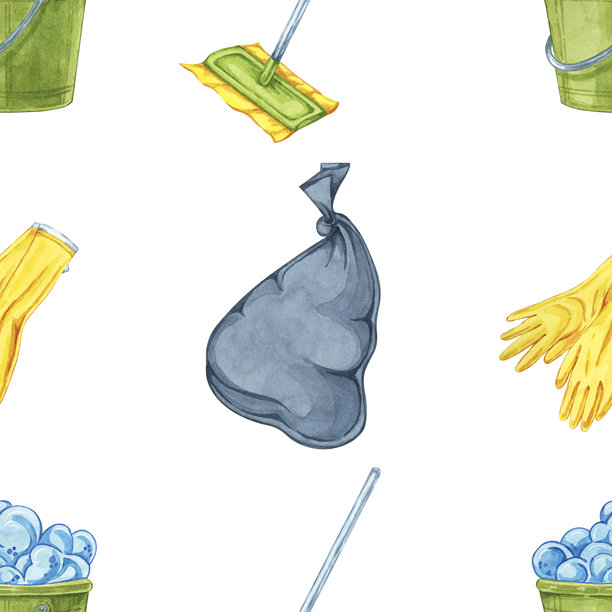 混合使用清洁工具，如垃圾袋、手套和拖把。水彩无缝图案用于织物定制设计，清洁服务广告图片下载