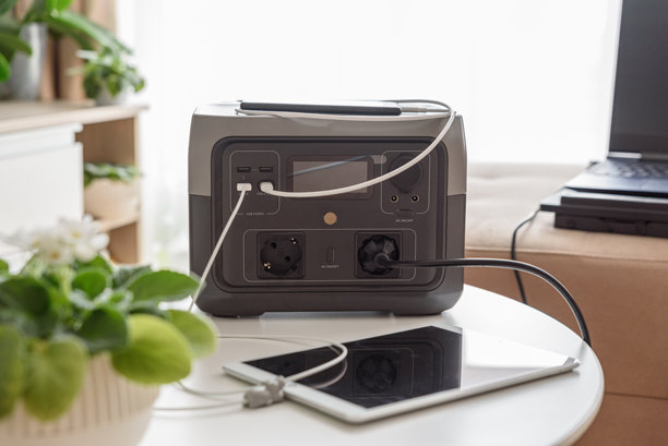 不间断电源。沙发上的工作空间，配有笔记本电脑、平板电脑、智能手机和便携式电源站。图片下载