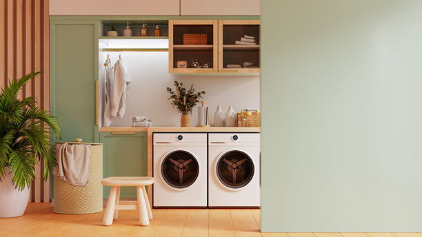 洗衣房中的墙面模型，背景为淡绿色墙壁 - 3D 渲染图片下载
