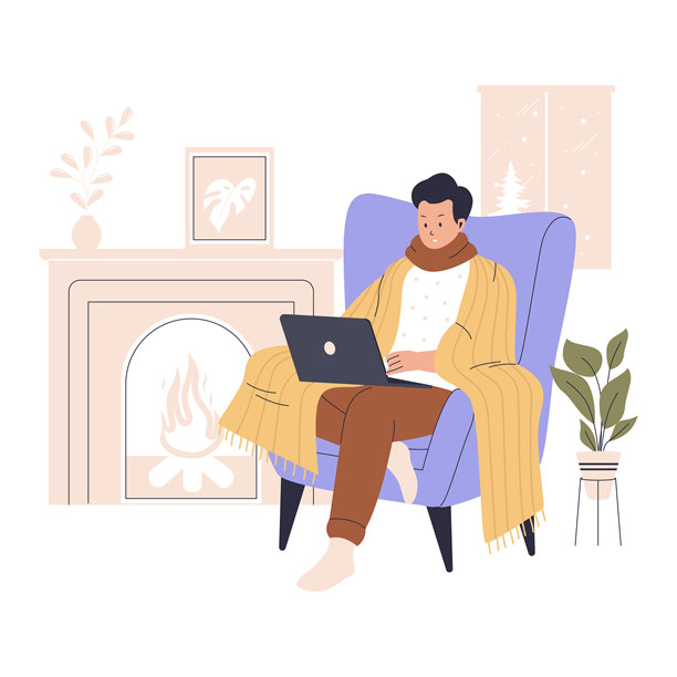 男子在冬天的家中用毯子取暖工作图片下载