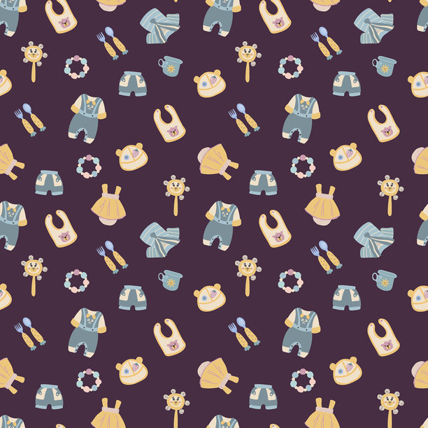儿童无缝图案，包含衣物和玩具。适用于面料、纺织品、墙纸和包装设计。图片下载