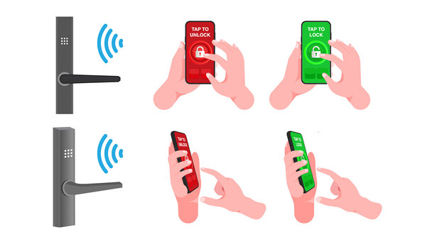 手持智能手机锁定和解锁智能门锁：使用移动凭证、蓝牙和NFC技术实现无钥匙进出。矢量图。图片下载