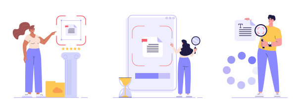 人们使用手机和人工智能识别文档文本。用户正在扫描文本文件。文本文件识别、光学字符识别（OCR）的概念。扁平设计的矢量插图集。图片下载