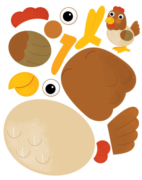 卡通场景，角色拼图剪切教育练习，手工剪刀，农场牧场动物，鸡，母鸡，鸟类插图，适合儿童的剪切活动图片下载