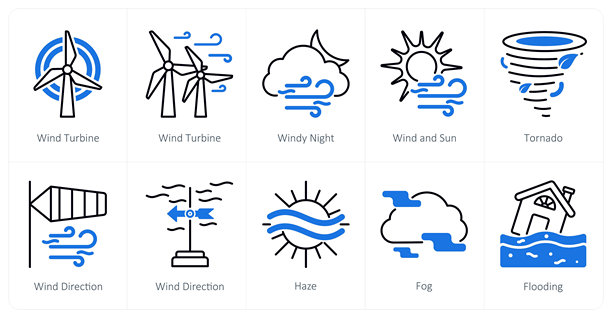 10个天气图标设计素材：风力涡轮机、多风的夜晚、风和阳光图片下载