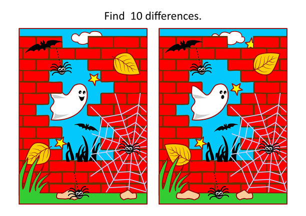 万圣节找不同游戏或图片拼图。找出10个不同之处，画面中有夜晚的小鬼、红砖墙废墟、蜘蛛和蝙蝠。图片下载