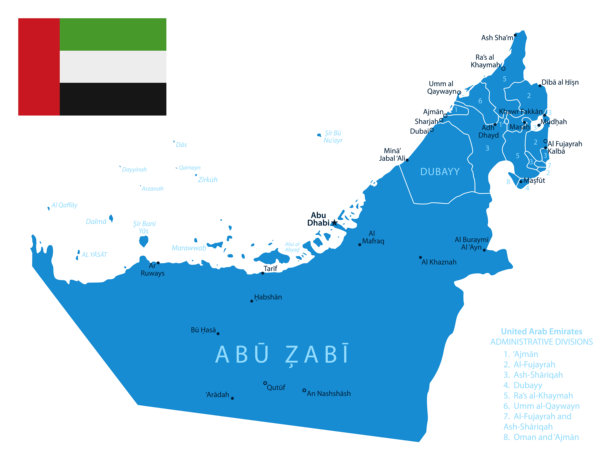 阿拉伯联合酋长国 - 详细的蓝色国家地图，包含城市和地区。图片下载