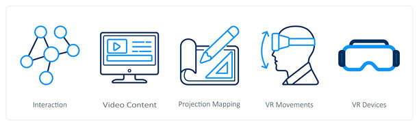 一组包含5个虚拟现实图标，代表互动、视频内容和投影映射。图片下载