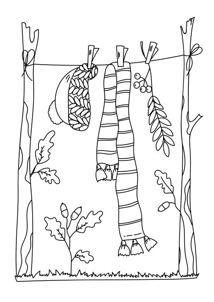 节日帽子、围巾和干枯的叶子挂在绳子上晾晒图片下载