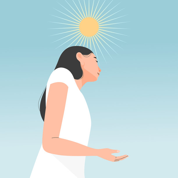 在蓝天和阳光下的女性，获取更多维生素D，健康生活方式概念。扁平矢量插图。图片下载