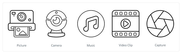 一组包含图片、相机和音乐的5个混合图标图片下载