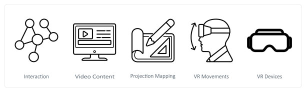 一组包含5个虚拟现实图标，代表互动、视频内容和投影映射图片下载