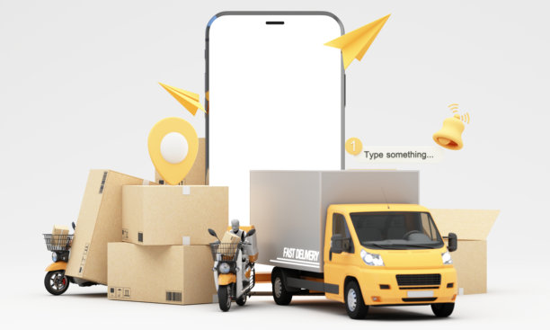 快速送货概念，摩托车和卡车或面包车运送包裹，送货机器人通过智能手机屏幕进行交付，3D渲染，3D插图图片下载