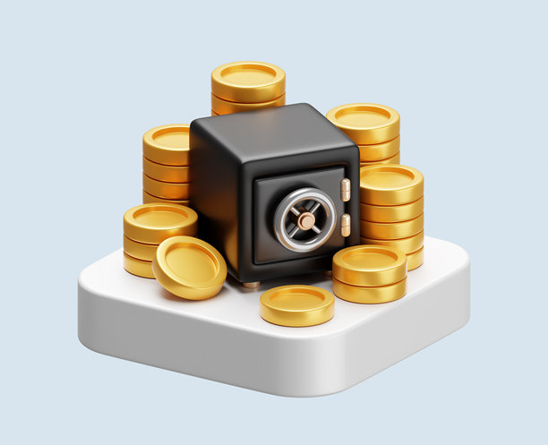 商务保险箱 财务 银行 货币 3D 隔离插图背景。保险箱 现金 银行业务图标 概念 安全 硬币 存款 财务投资 货币 安全 金库 存储 安全钱包。图片下载