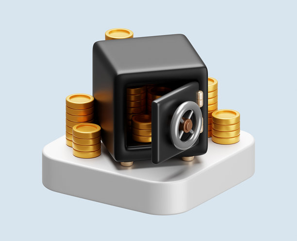 商务保险箱 财务 银行 货币 3D 隔离插图背景。保险箱 现金 银行业务图标 概念 安全 硬币 存款 财务投资 货币 安全 金库 存储 安全钱包。图片下载