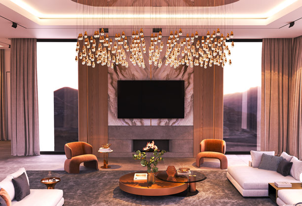 豪华现代的客厅，配有优雅的照明和美丽的设计元素，3D渲染图图片下载
