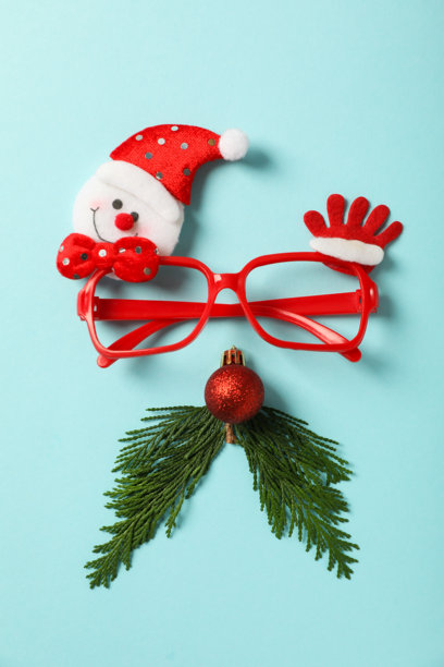 圣诞老人的脸戴着眼镜，旁边有一枝针叶。图片下载