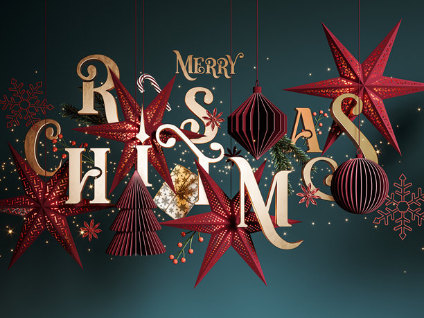 绿色背景上的圣诞装饰与文字。创意的圣诞快乐贺卡设计。图片下载