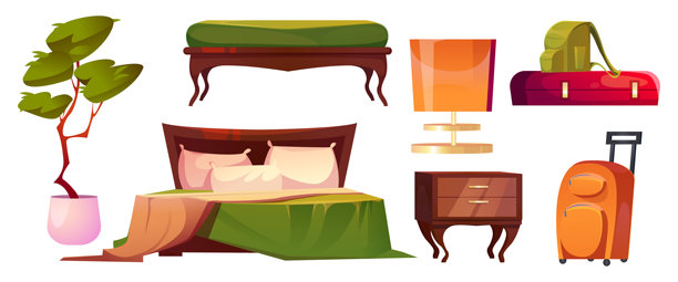 酒店卧室家具。卡通风格的室内房间图片下载