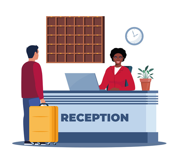 酒店大堂，接待处。黑肤女性接待员在前台，带着行李的客人正在办理入住。酒店到达。旅游，商务旅行概念。旅馆内部。矢量插图。图片下载