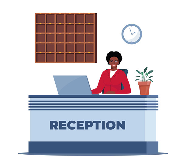 酒店接待处，配有电脑和黑人女接待员，花盆中的花，墙上的时钟。现代酒店大堂、走廊或大厅。旅游、商务旅行概念。矢量插图。图片下载