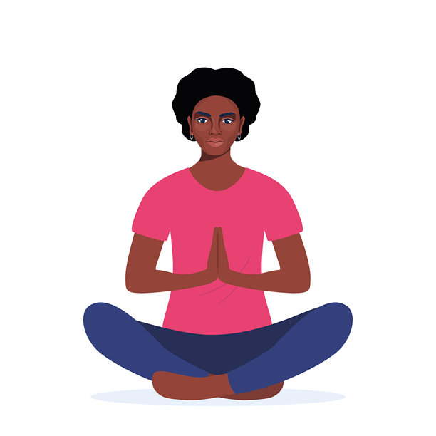 年轻的非裔美国女性盘腿坐在地板上冥想。冥想、放松、居家、灵性修炼、瑜伽和呼吸练习。扁平矢量插图。图片下载