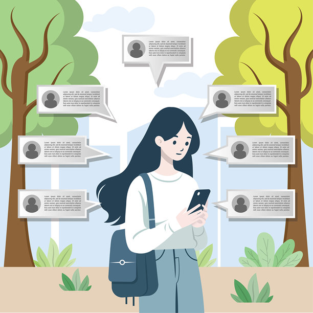 女孩聊天插图，女孩查看手机通知，聊天气泡，扁平设计图片下载