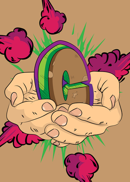 卡通漫画风格的人手握着字母C。复古矢量漫画流行艺术设计。图片下载