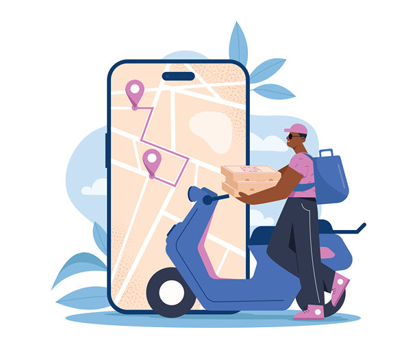 在线快递。男人手持披萨盒和滑板车，靠近智能手机屏幕。在线购物和电子商务。物流、分销和运输。扁平化矢量插图图片下载