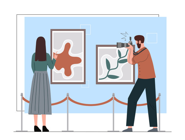 参观者欣赏画作。男士和女士在画廊或展览中观看艺术品，艺术作品。文化休闲与娱乐。平面矢量插图图片下载
