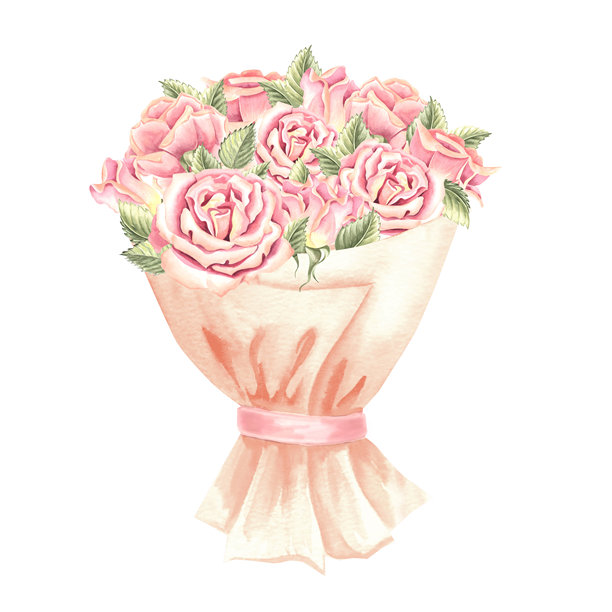 用手绘水彩插图描绘的玫瑰花束，包含花朵和花蕾，包裹在工艺纸中。春季花卉组合。适合用于邀请函、明信片和贴纸的节日礼物，源自花园植物的剪贴画。图片下载