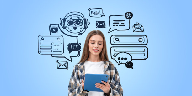 女性在蓝色背景下使用平板电脑，周围有交流图标。图片下载