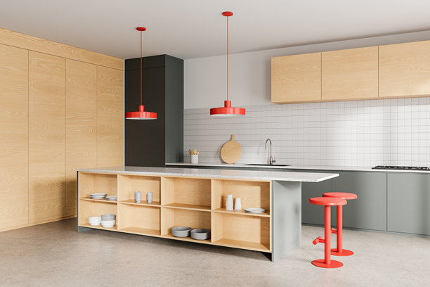 现代家庭厨房内饰与吧台，厨柜和厨具图片下载