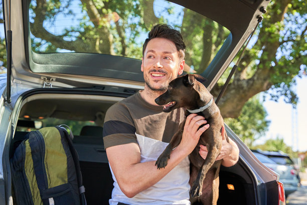 男人在车后备厢里抚摸他的狗。他们正在旅行，面带微笑。图片下载