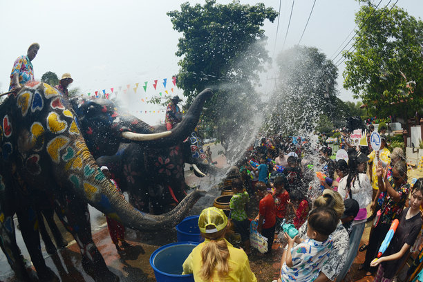 宋干节是在传统的新年庆祝活动中与大象一起泼水庆祝的。图片下载
