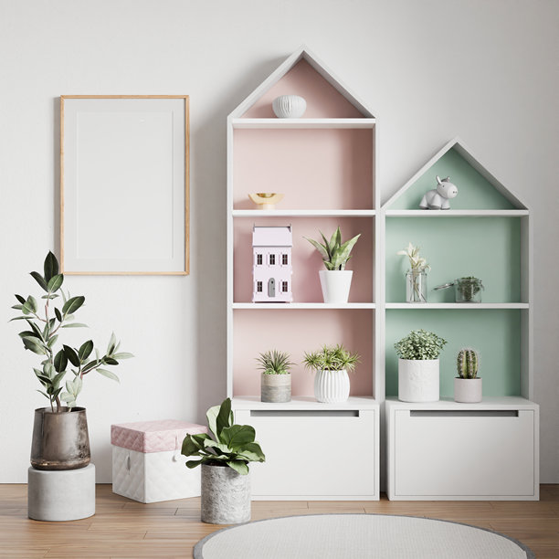 儿童房间的孩子模型，植物框架，室内儿童卧室，温馨的室内设计元素，舒适的背景，3D渲染图片下载