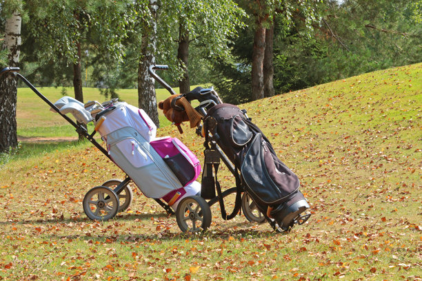 秋季高尔夫俱乐部的高尔夫设备、球杆和球包。图片下载