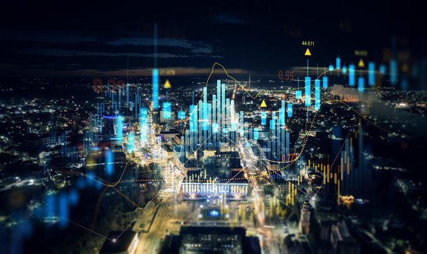 贸易技术与投资分析。城市背景下的大数据图表。商业发展、财务计划和战略。财务分析图表与市场投资图表。图片下载