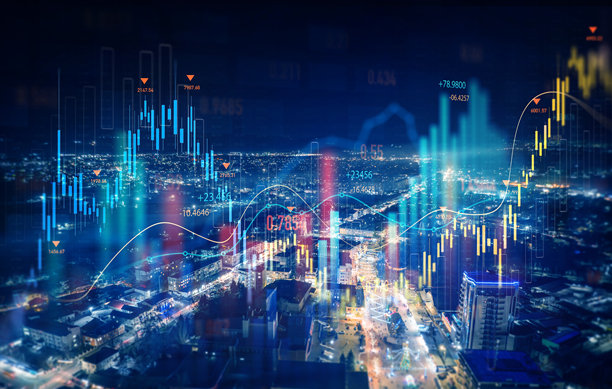 贸易技术与投资分析。城市背景下的大数据图表。商业发展、财务计划和战略。财务分析图表和市场投资图表。图片下载