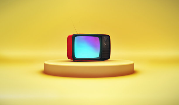 复古电视机放在讲台上，背景是色彩丰富的现代美学。图片下载