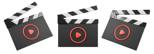 带播放按钮的拍板。独立的视频流设计。3D渲染。图片下载