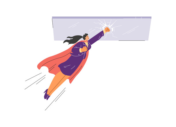 女性超级英雄穿着斗篷打破玻璃天花板的矢量插图。图片下载