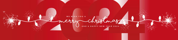 2024年白色手写字母的圣诞快乐和新年快乐排版设计，背景为红白色，配有圣诞灯光、烟花闪烁的图案横幅矢量图。图片下载
