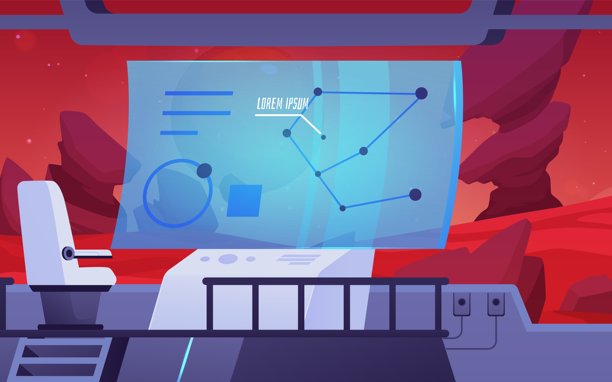 宇宙飞船舱内的矢量插图，配有屏幕和窗户，可以看到一颗行星。图片下载