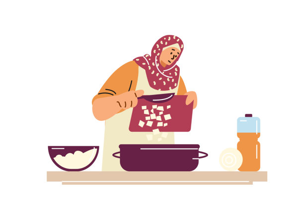 身穿头巾的穆斯林女性站在桌子旁，将食材切入锅中。图片下载